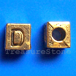 Bead, antiqued gold-finished, 7x6mm Letter D. Pkg of 10.