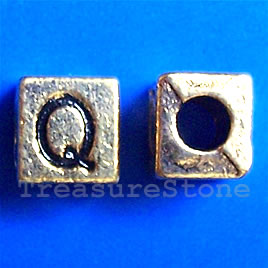 Bead, antiqued gold-finished, 7x6mm Letter Q. Pkg of 10.