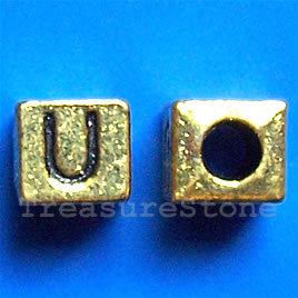 Bead, antiqued gold-finished, 7x6mm Letter U. Pkg of 10.