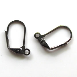 Earwire, black-plated brass, leverback with open loop. 7 pairs