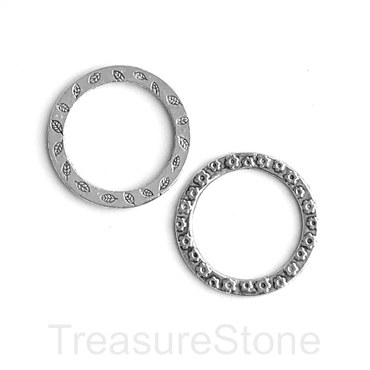 Bead, Pendant, silver, 32/24mm circle, ring, leaf/flower. 5pcs