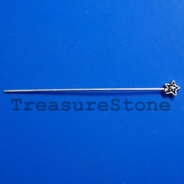 Headpin, plated pewter, 2 inches with 5mm star. Pkg of 19