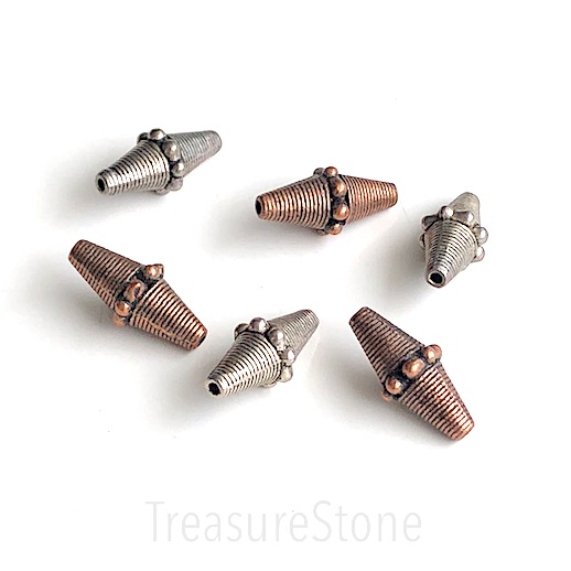 Bead, antiqued copper-finished, 10x22mm long bicone. 4pcs