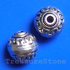 Bead, antiqued silver-finished, 10.5mm round, spacer. Pkg of 8