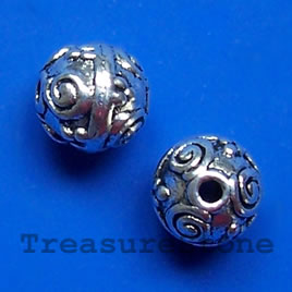 Bead, antiqued silver-finished, 10mm round, spacer. Pkg of 8.