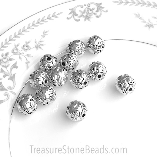 Bead, antiqued silver-finished, 10mm round, spacer. Pkg of 7.
