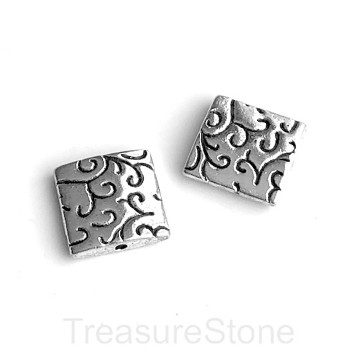 Bead, silver-finished, 14mm puffed square. Pkg of 3