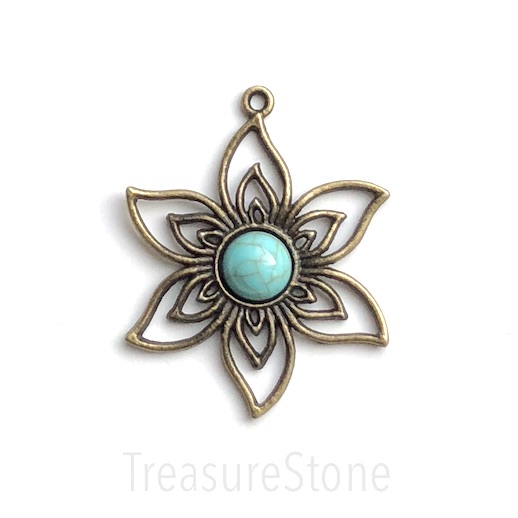 Pendant/charm, brass-finished, 38mm flower, turquoise. each