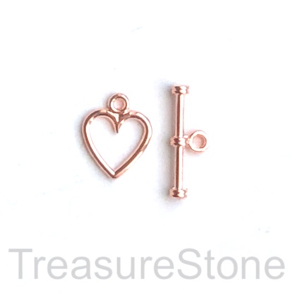 Clasp, toggle, rose gold-finished, 11mm heart/18mm. Pkg of 10.