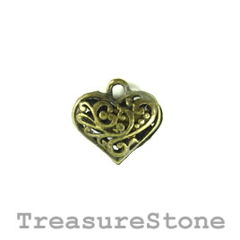 Charm/Pendant, brass-plated, 18x21mm filigree heart. Pkg of 5.