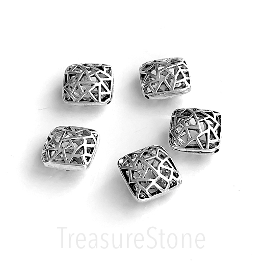 Bead, silver-finished, 16x7mm filigree puffed square pillow. 3pc
