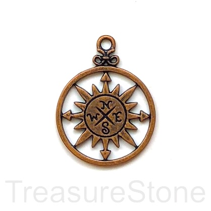 Pendant, copper plated, 27mm compass. Pack of 3.