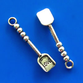 Pendant/charm, silver-finished, 6x26mm shovel with Love.Pkg of 6