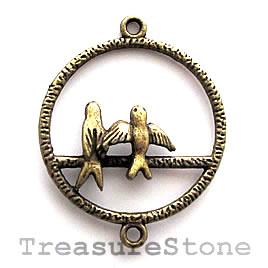 Pendant/charm, brass-finished, 28mm Birds in Love. Pkg of 3