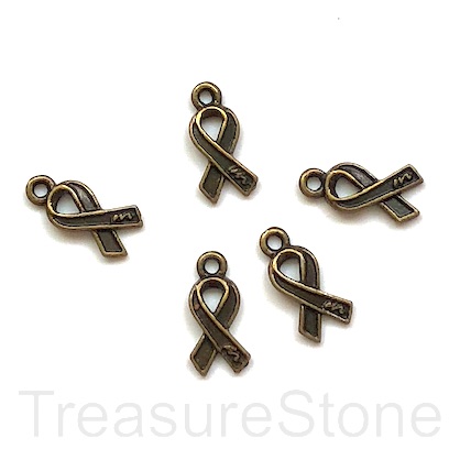 Charm, brass-finished, 12mm pink ribbon, breast cancer. 15pcs