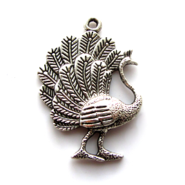 Pendant/charm, silver-finished, 27x32mm peacock. Pkg of 3.