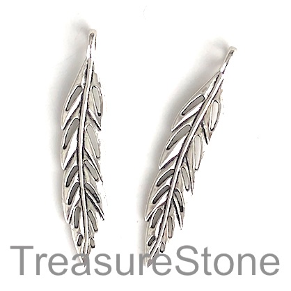 Charm, silver-plated, 9x48mm leaf. Pkg of 3.