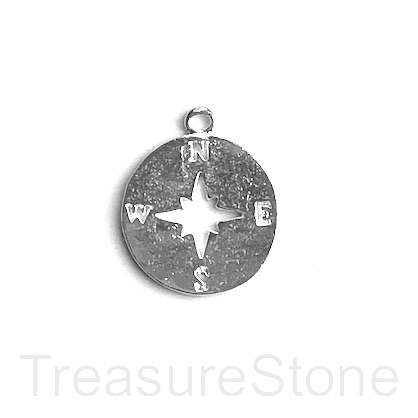 Charm/Pendant, 18mm compass, bright silver colour. Pack of 10.