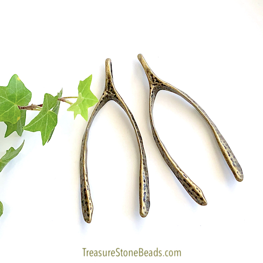 Pendant, antiqued brass, 32x65mm wishbone. each - Click Image to Close