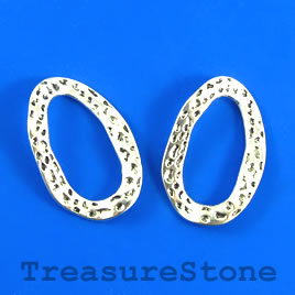 Bead, link, silver-finished, 18x28mm hammered wavy oval. 4pcs