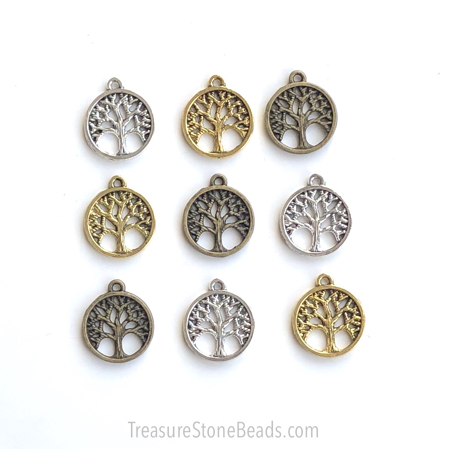 Charm, antiqued brass-finished, 15mm Tree of Life. Pkg of 12