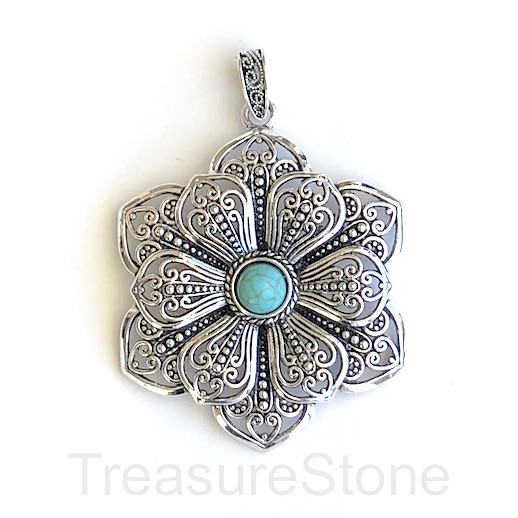 Pendant, silver-colored, 65mm flower, turquoise. each