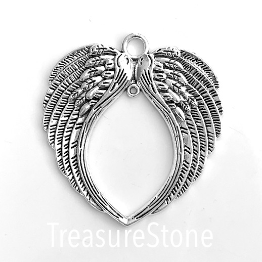 Pendant, link, connector, silver, 66mm heart, angel wings. ea