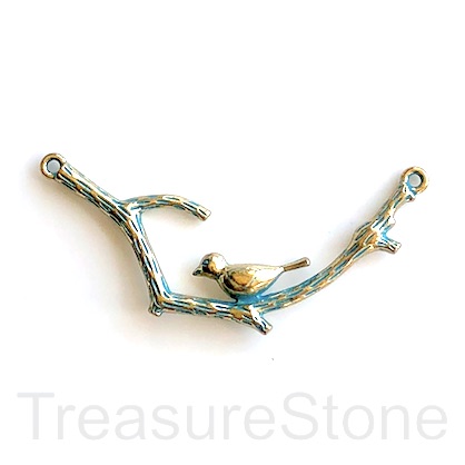Pendant, patina gold-finished, 30x60mm branch with bird. Each.