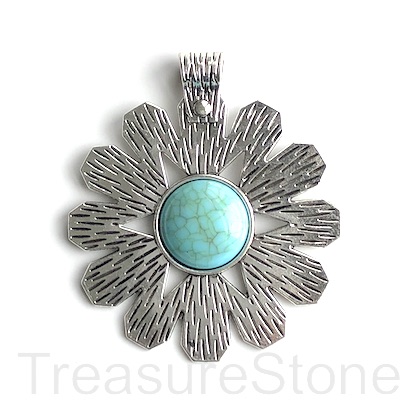 Pendant, silver-finished, dyed turquoise, 60mm daisy, ea