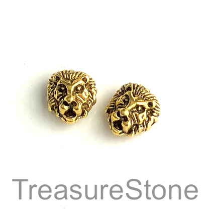 Bead, antiqued gold finished, 11x13mm lion head. Pkg of 8