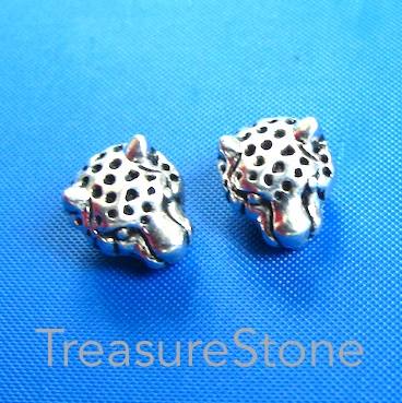 Bead, antiqued silver finished, 11x14mm cheetah head. Pkg of 7