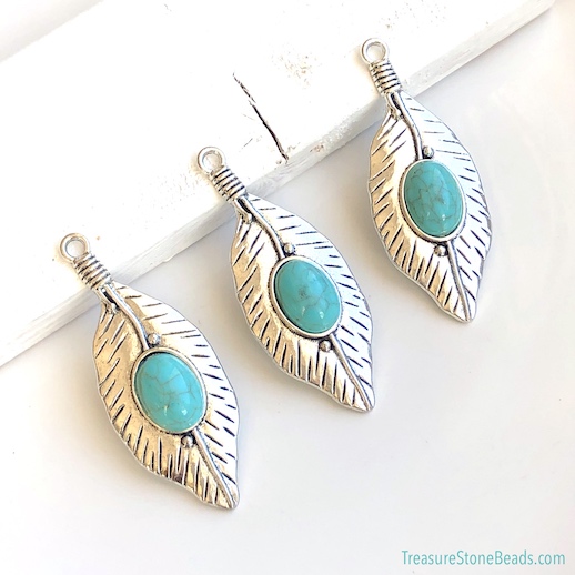 Pendant, silver, 27x65mm leaf, synthetic turquoise. each