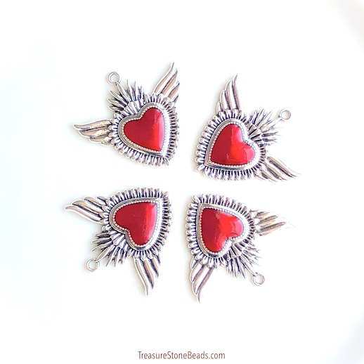 Pendant, 32x40mm red heart angel wings, silver, Enamel. each - Click Image to Close