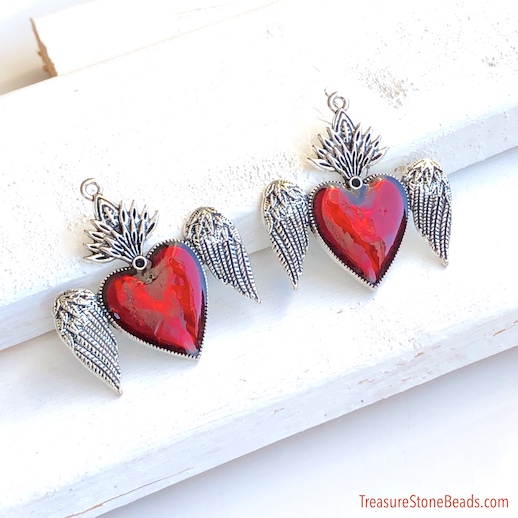 Pendant, 41x43mm red heart angel wings, silver, Enamel. each - Click Image to Close