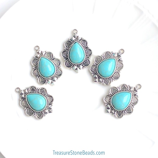 Bead, Pendant, silver, 25x32mm drop, turquoise(resin). each