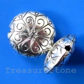Bead, silver-finished, 18x8mm puffed round. Pkg of 4.