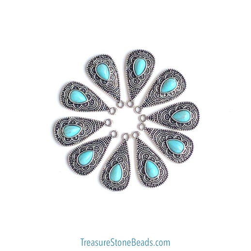 Charm, Pendant, silver, 13x25mm drop, turquoise(resin). each