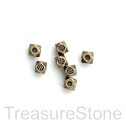 Bead, antiqued brass finished, 3mm faceted cube spacer.Pkg of 20