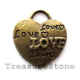 Pendant/charm, brass-finished, 21x23mm heart. Pkg of 5.