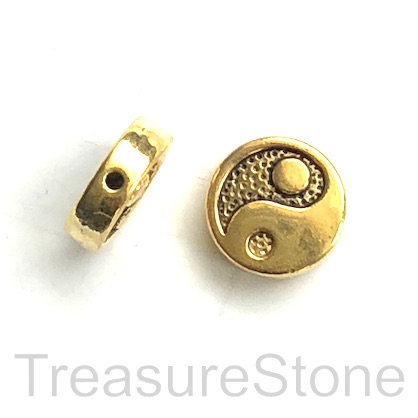 Bead, antiqued gold finished, 13x4mm yin yang. Pkg of 6.