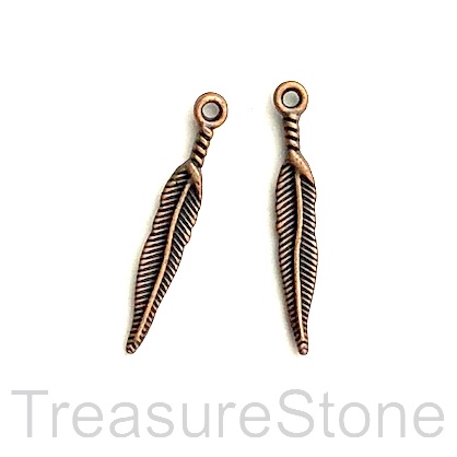 Charm/Pendant, copper-plated, 4x25mm feather. Pkg of 12.