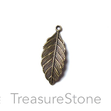 Charm/pendant, brass colored, 8x26mm feather. Pkg of 12