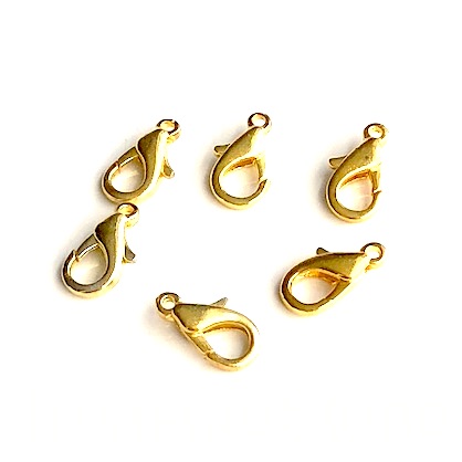 Clasp, lobster claw, brass, gold-coloured, 12x7mm. Pkg of 7