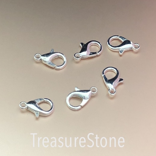 Clasp, lobster claw, bright silver-finished, 10x6mm. Pkg of 15.