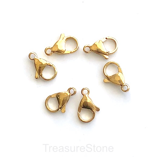 Clasp, lobster claw, stainless steel, gold, 10x15mm. Pack of 3