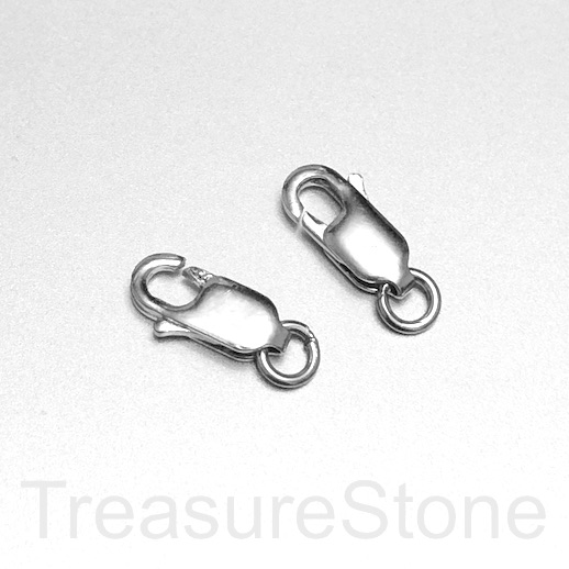 Clasp, lobster claw, sterling silver, 8x3mm with ring. Pkg of 2