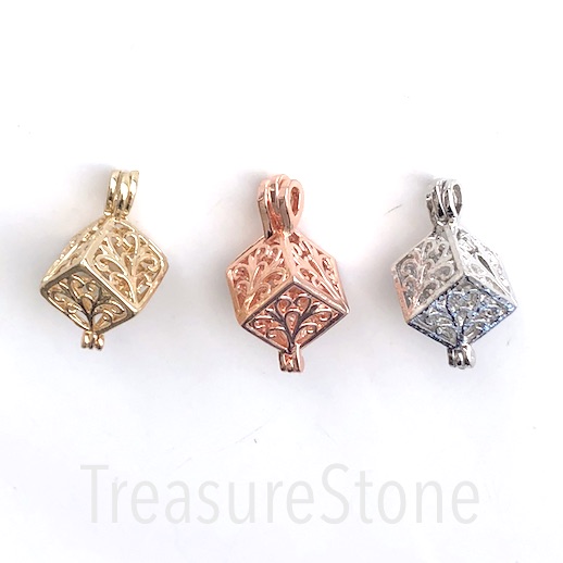 Locket, Cage Pendant, charm, brass, rose gold, 20mm cube box, ea - Click Image to Close