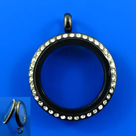 Floating Locket Pendant,stainless steel,black,crystals, 30mm.EA