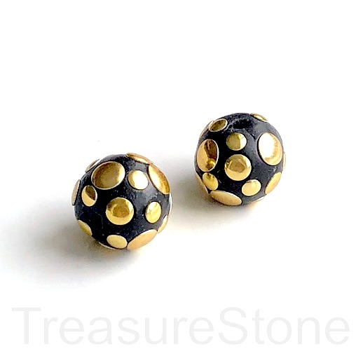 Bead, metal inlay, black, gold dots. 14mm. Pkg of 2