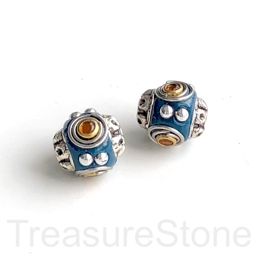 Bead, metal inlay, blue, gold, silver. 14mm. Pkg of 2